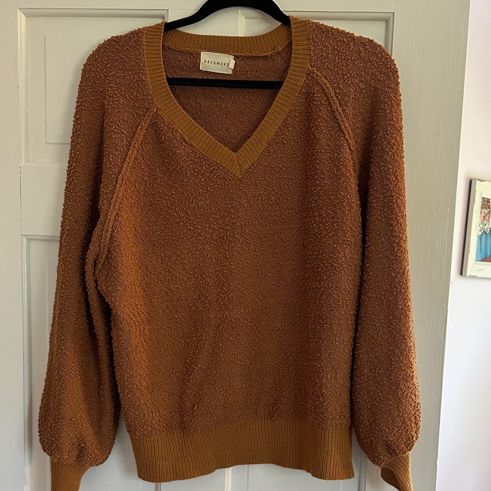 Cozy Textured V-Neck Pullover Sweater - Rust